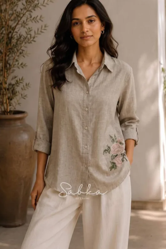 Sabka - Grey Rose Embroidered Shirt
