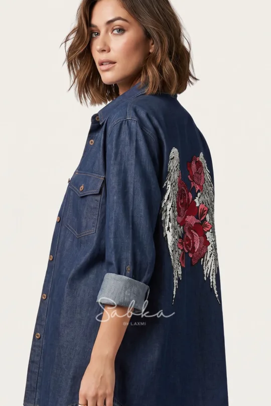 Sabka - Denim Rose Wings Shirt