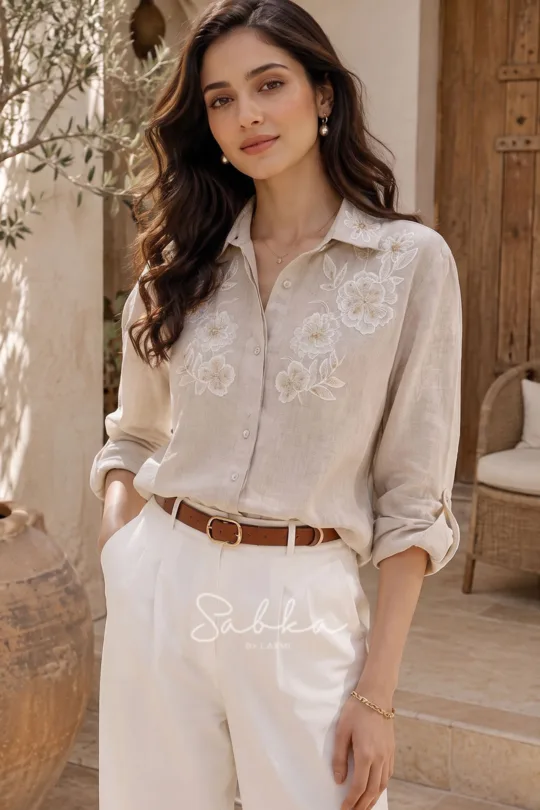 Sabka - Beige Floral Embroidered Shirt